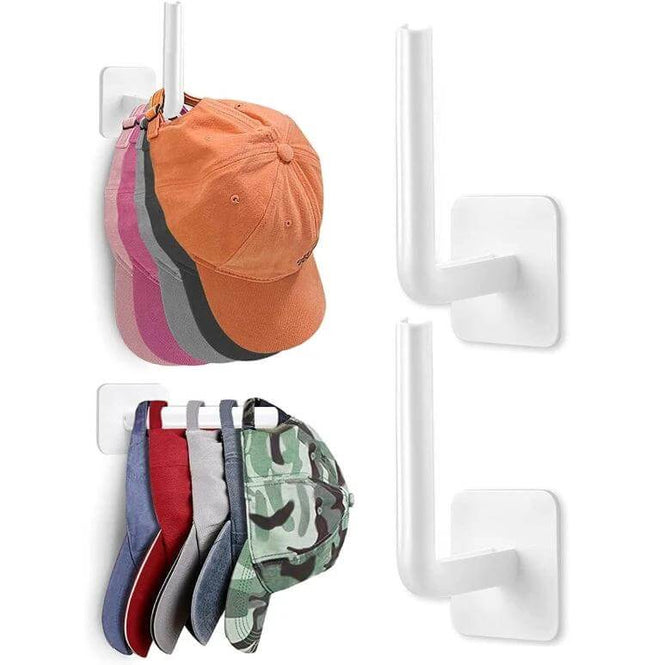 Baseball Hat Wall Hook Self-Adhesive 2-Pack Black/White showing two white adhesive hooks holding multiple baseball caps for entryway organization