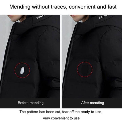 Self-Adhesive Patch Stickers for Nylon Down Jacket Repairs applied to mend a torn black down jacket sleeve, peel-and-stick invisible repair