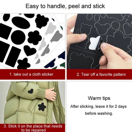 Self-Adhesive Patch Stickers for Nylon Down Jacket Repairs showing peel-and-stick cloth patches applied to a green down jacket