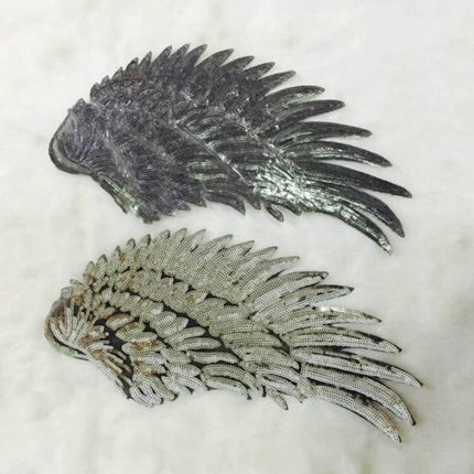 Sequin Feather Wing Patch Sticker For Clothing Assorted Sizes - silver iridescent sequin feather wing patches with hot melt adhesive for jackets, bags