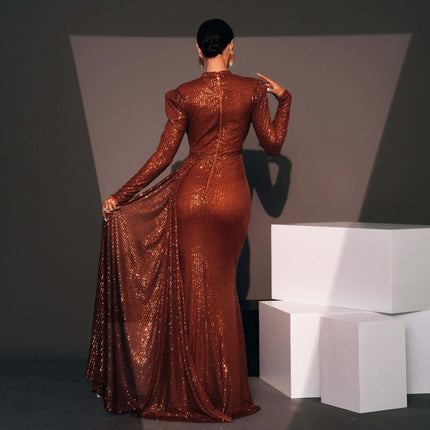Sequined Banquet Dress Long Sleeve for Evening Events – back view of bronze sequined long-sleeve gown with hip-skirt silhouette