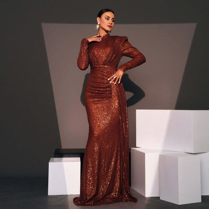 Sequined Banquet Dress Long Sleeve for Evening Events — model in rust-sequin long-sleeve hip-skirt gown for weddings, galas, corporate dinners