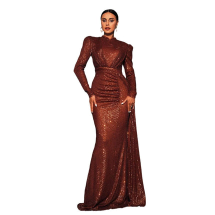 Sequined Banquet Dress Long Sleeve for Evening Events in bronze sequined hip-skirt gown with long sleeves and ruched waist