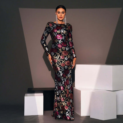 Evening Gown Sequined For Banquets And Formal Events - long-sleeve floor-length sequin floral dress for banquets, weddings and gala dinners