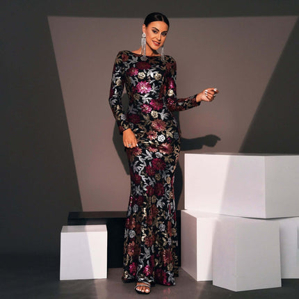 Evening Gown Sequined For Banquets And Formal Events - long-sleeve floor-length polyester gown with subtle sequined floral accents