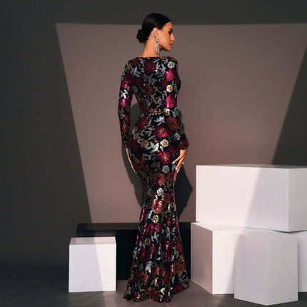 Evening Gown Sequined For Banquets And Formal Events long-sleeve high-waist floor-length sequin gown back view