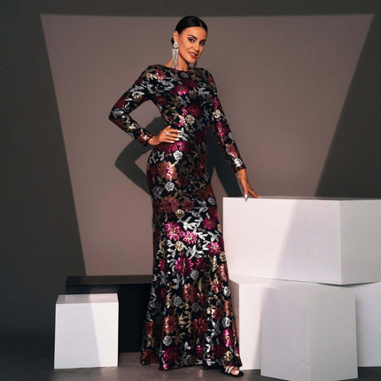 Evening Gown Sequined For Banquets And Formal Events - long-sleeve floor-length sequin gown with floral pattern, high waist, elegant for banquets and weddings