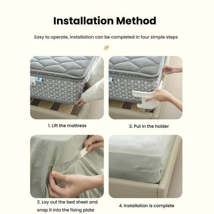 Sheet Fixer Clip Anti Slip Keeping Sheets In Place - four-step installation showing lift mattress, put in holder, snap sheet into fixing plate, installation complete