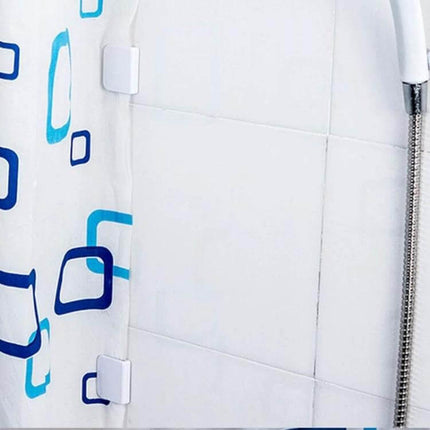 Shower Curtain Clips Set Plastic Viscose For Easy Bathroom Use 2 Pack - two white plastic clips securing a patterned shower curtain to tiles, 5 cm compact design