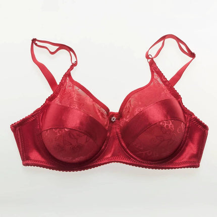 Silicone Prosthesis Bra With Molded Cups And Fixed Double Straps in red satin with ultra-thin molded cups, fixed double straps and breathable cotton lining