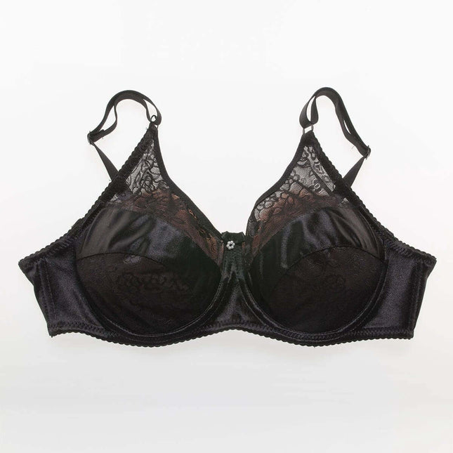 Silicone Prosthesis Bra With Molded Cups And Fixed Double Straps black lace cotton-lined bra for post-surgery shaping and asymmetry support