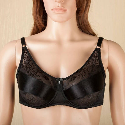 Silicone Prosthesis Bra With Molded Cups And Fixed Double Straps in black lace with ultra-thin molded full cups and fixed double shoulder straps, cotton-lined