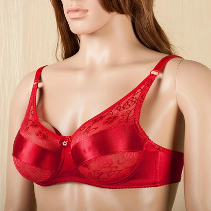 Silicone Prosthesis Bra With Molded Cups And Fixed Double Straps - red lace cotton-lined molded full cups for post-surgery shaping and asymmetry support