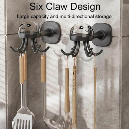 Six Claw 360 Degree Rotating Hook Rack For Kitchen Storage wall-mounted octopus hook holding utensils, 360° rotating six-claw organizer