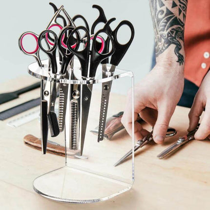 Six-Hole Acrylic Scissor Display Stand for Barbers and Salons on workstation holding scissors, clear 4mm acrylic organizer, 10x15x10cm, reduces clutter