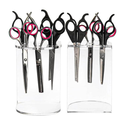 Six-Hole Acrylic Scissor Display Stand for Barbers and Salons - clear 4mm acrylic organizer holding six scissors, 10x15x10 cm, workstation counter