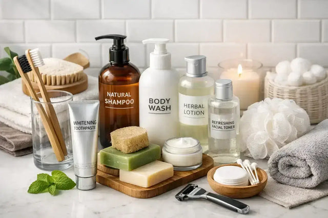 Spa bathroom display with natural shampoo, body wash, herbal lotion, soaps, toothpaste, toothbrushes, towel and grooming essentials