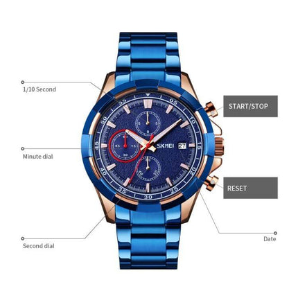 SKMEI Men's Stainless Steel Luminous Watch With Calendar - blue stainless steel chronograph with luminous hands, date window, and stopwatch subdials