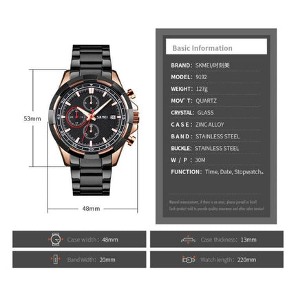 SKMEI Men's Stainless Steel Luminous Watch With Calendar - black and rose gold 48mm stainless steel case, luminous hands, date and stopwatch
