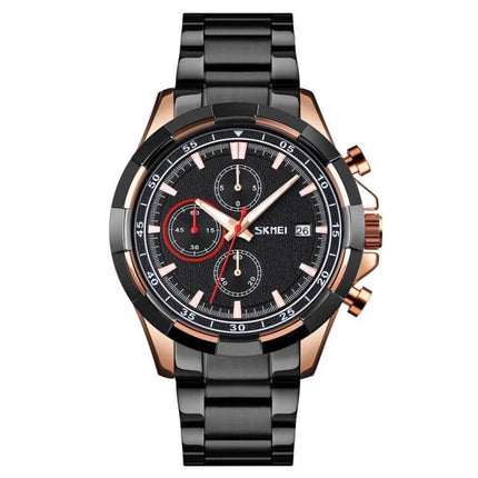 SKMEI Men's Stainless Steel Luminous Watch With Calendar black metal chronograph, luminous hands, calendar window, 48mm dial