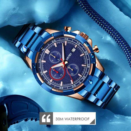 SKMEI Men's Stainless Steel Luminous Watch With Calendar blue stainless steel chronograph on ice background, luminous hands, calendar window, 30M water resistant