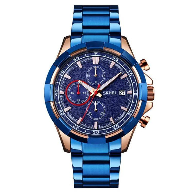 SKMEI Men's Stainless Steel Luminous Watch With Calendar in blue stainless steel with luminous hands and date display