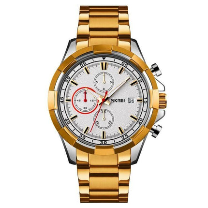 SKMEI Men's Stainless Steel Luminous Watch With Calendar gold stainless-steel case luminous hands date window chronograph 48mm dial