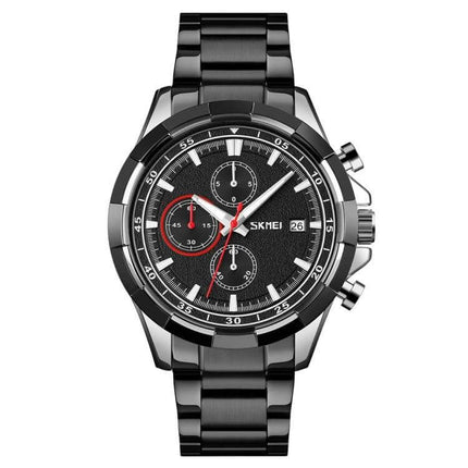 SKMEI Men's Stainless Steel Luminous Watch With Calendar black stainless steel case and strap, luminous hands, calendar window and chronograph subdials