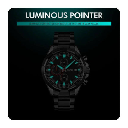 SKMEI Men's Stainless Steel Luminous Watch With Calendar showing luminous hands and markers on black stainless steel chronograph for everyday wear