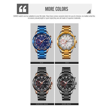 SKMEI Men's Stainless Steel Luminous Watch With Calendar shown in blue, gold, rose-gold-black and silver-black metal strap color options