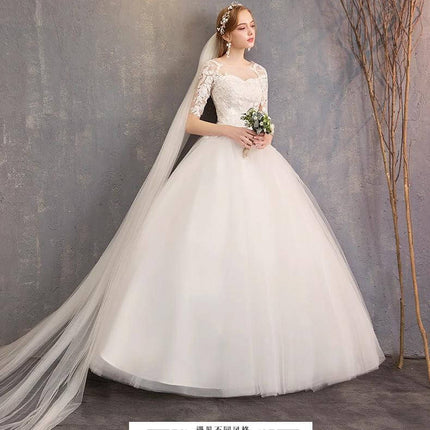 Wedding Dress Slim Fit Lace Mid Sleeve Plus Size For Your Wedding Day - white slim-fit lace gown with mid sleeves and long organza veil, plus sizes available