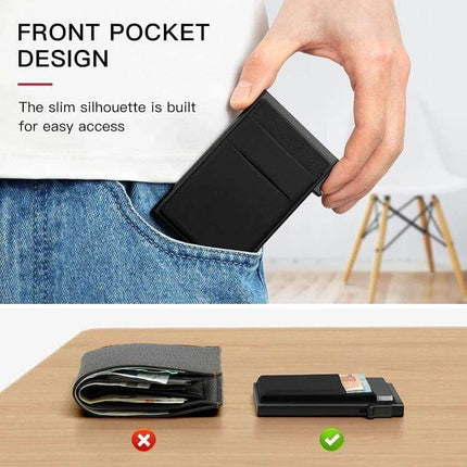 Slim Metal Pop Up Card Holder RFID Blocking Wallet being slid into a front pocket showing slim design and pop-up card access