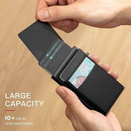 Slim Metal Pop Up Card Holder RFID Blocking Wallet showing cards fanned from pop-up mechanism and external pocket with banknotes