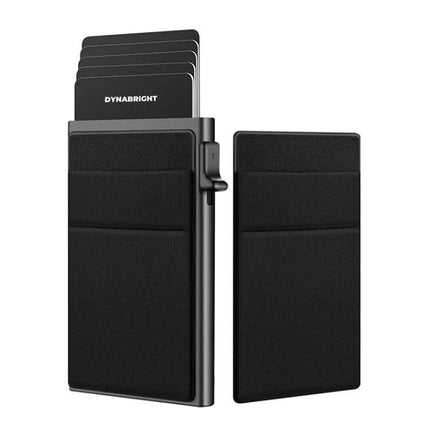 Slim Metal Pop Up Card Holder RFID Blocking Wallet in black showing pop-up cards and external pocket, slim aluminum RFID-blocking card case