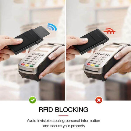 Slim Metal Pop Up Card Holder RFID Blocking Wallet demonstrating RFID blocking at payment terminal, showing protected vs unprotected card