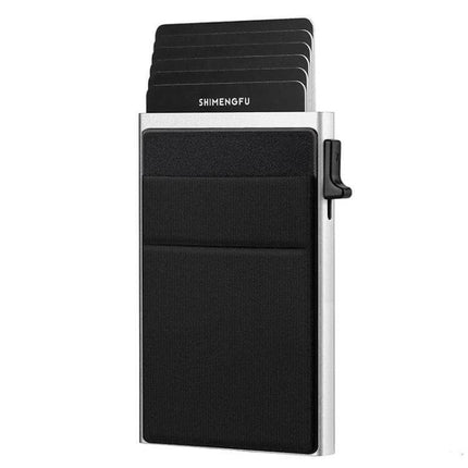 Slim Metal Pop Up Card Holder RFID Blocking Wallet showing black slim aluminum case with cards fanned and external pocket