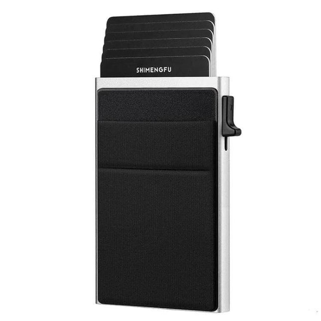 Slim Metal Pop Up Card Holder RFID Blocking Wallet showing black slim aluminum case with cards fanned and external pocket