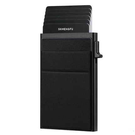 Slim Metal Pop Up Card Holder RFID Blocking Wallet in black showing pop-up cards, aluminum frame and external pocket for daily carry