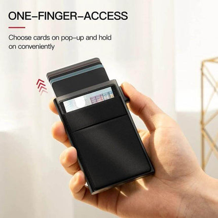 Slim Metal Pop Up Card Holder RFID Blocking Wallet in hand showing one-finger pop-up cards and external pocket for notes