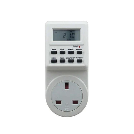 Smart Programmable Plug Timer With LCD Clock And UK Plug shown front view with LCD, buttons and UK socket for scheduled appliance control