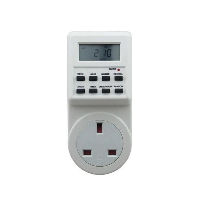 Smart Programmable Plug Timer With LCD Clock And UK Plug shown front view with LCD, buttons and UK socket for scheduled appliance control
