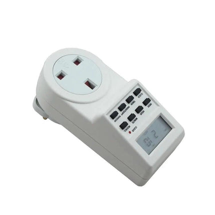 Smart Programmable Plug Timer With LCD Clock And UK Plug showing LCD display, control buttons and UK socket for automated on/off scheduling