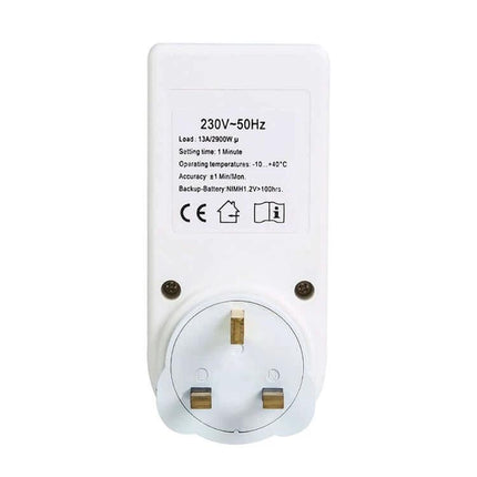 Smart Programmable Plug Timer With LCD Clock And UK Plug white UK socket front view showing LCD label and pins