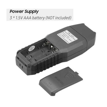 SmartSensor Handheld EMF Detector For Home And Office showing open battery compartment for 3x AAA batteries