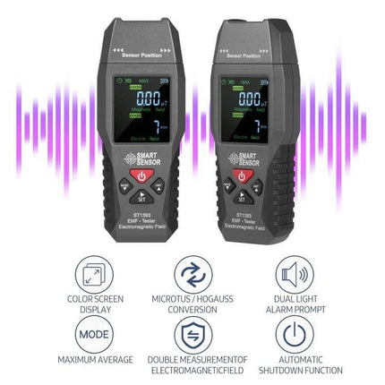 SmartSensor Handheld EMF Detector For Home And Office showing dual-display, color screen and icons for magnetic/electric field measurements