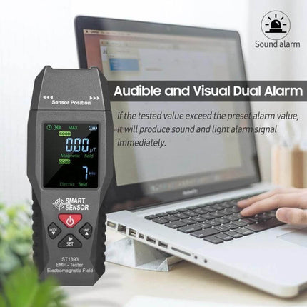 SmartSensor Handheld EMF Detector For Home And Office showing dual audible and visual alarm near laptop for EMF testing