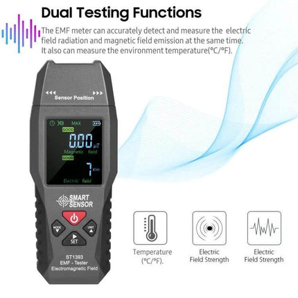 SmartSensor Handheld EMF Detector For Home And Office showing dual testing functions display for electric and magnetic fields with temperature icon
