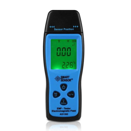 SmartSensor Handheld EMF Detector For Home And Office showing front display with dual electric and magnetic field readings and temperature