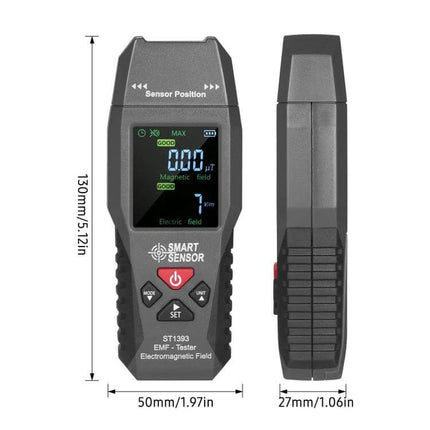 SmartSensor Handheld EMF Detector For Home And Office - front and side view with digital display showing electric and magnetic field readings, dimensions