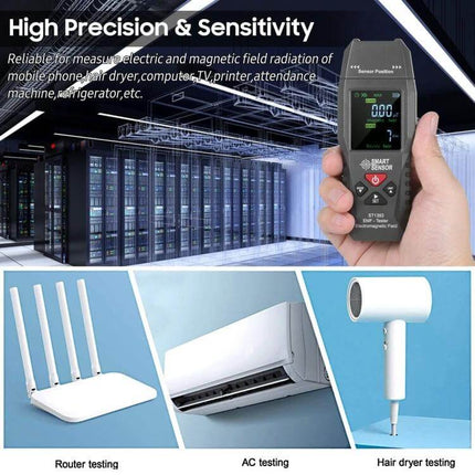 SmartSensor Handheld EMF Detector For Home And Office measuring electric and magnetic fields near routers, AC units and hair dryers